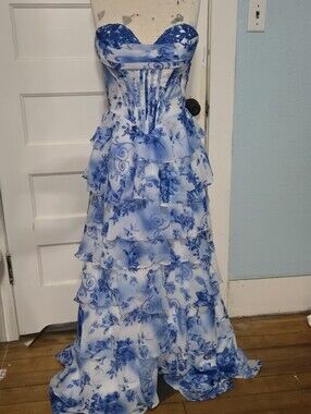 Blue and White Floral Strapless Ruffled Evening Dress